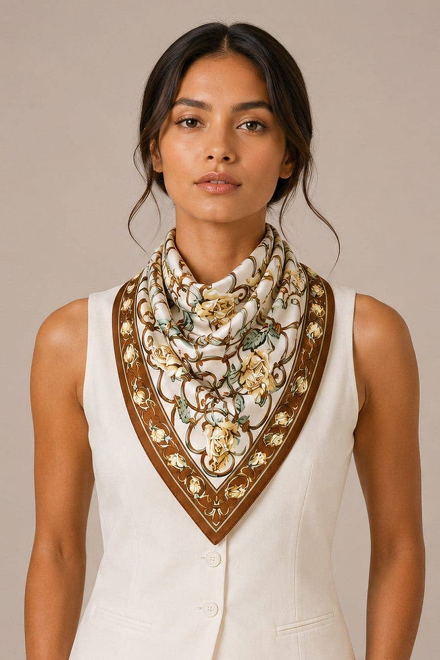 A woman wearing a cream-colored silk scarf with a brown border and an intricate floral pattern, styled around her neck over a white sleeveless top.