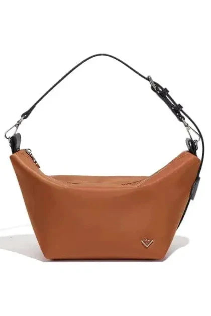 Brown leather handbag with a black strap on a white background