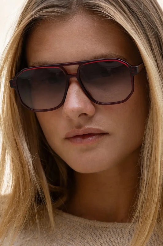 Close-up of a person wearing dark sunglasses with a neutral background