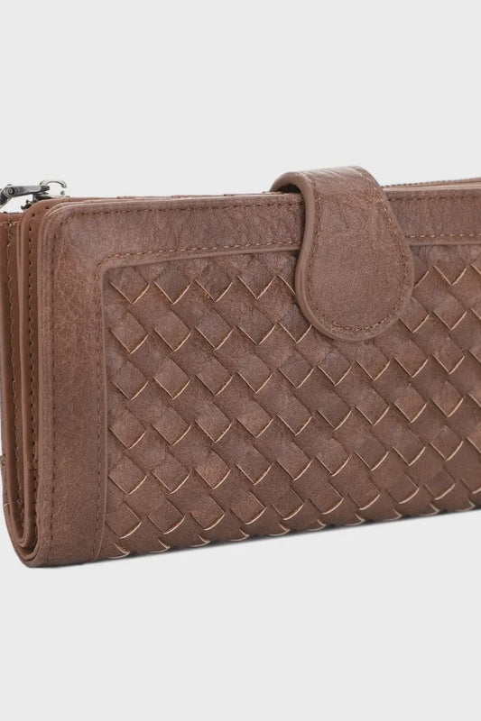 Brown woven wallet on a light gray background