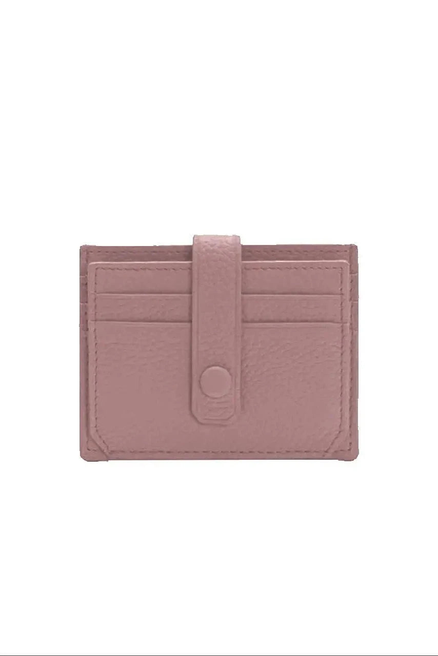 Pink cardholder with a strap on a white background
