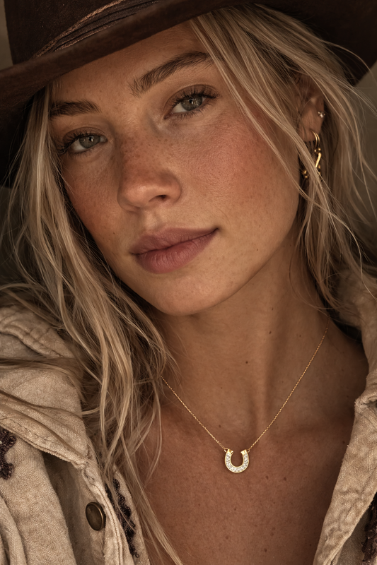 Close-up of a woman wearing a hat and beige jacket with a gold necklace featuring a horseshoe pendant.