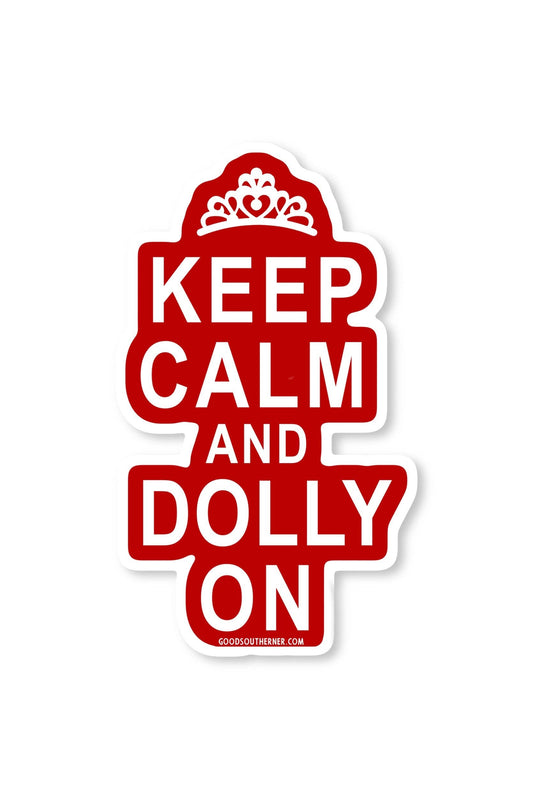 A die-cut sticker featuring the text 'KEEP CALM AND DOLLY ON' in white lettering on a red background, with a small crown graphic at the top and 'GOODTIMESHARE.COM' printed at the bottom.