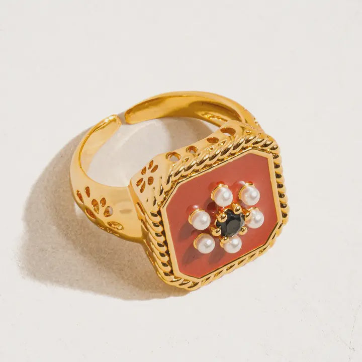 Rouge 18K Gold Red Enamel Vintage Adjustable Ring