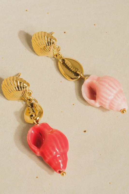 pink conch shell charm earring with seashell posts.