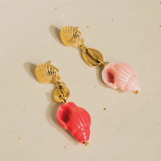 pink conch shell charm earring with seashell posts. 