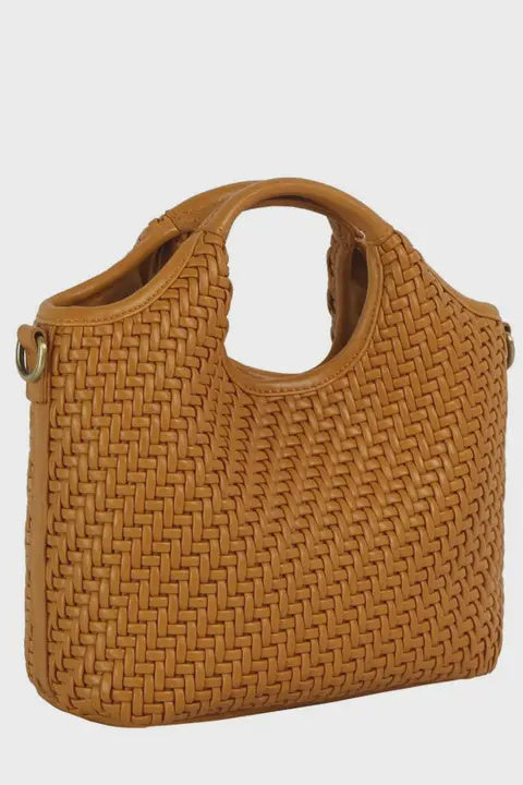 Brown woven handbag on a light gray background