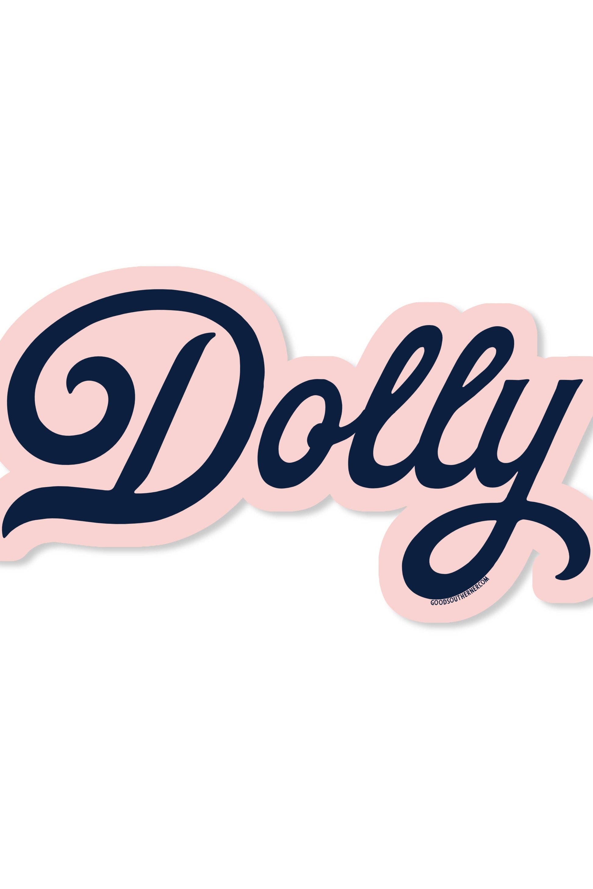 A die-cut sticker featuring the word 'Dolly' in dark navy cursive script with a light pink outline, shown on a plain white background.
