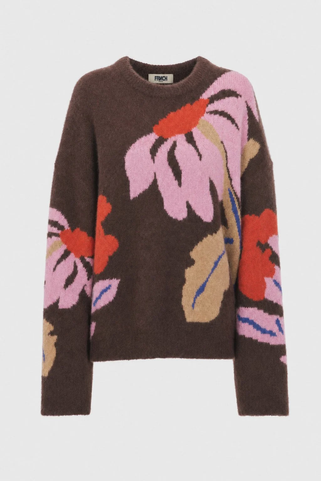 A brown knit sweater with a large, colorful floral pattern in pink, orange, beige, and blue, displayed against a light gray background.