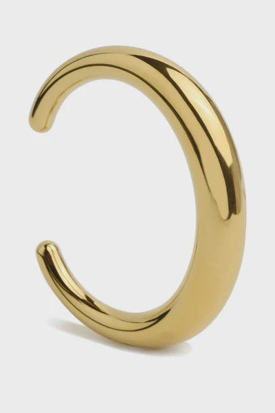 Gold hoop earring on a light gray background