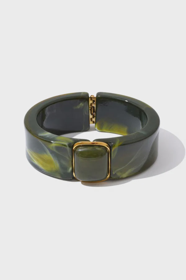 Green marbled bracelet with gold clasp on a white background