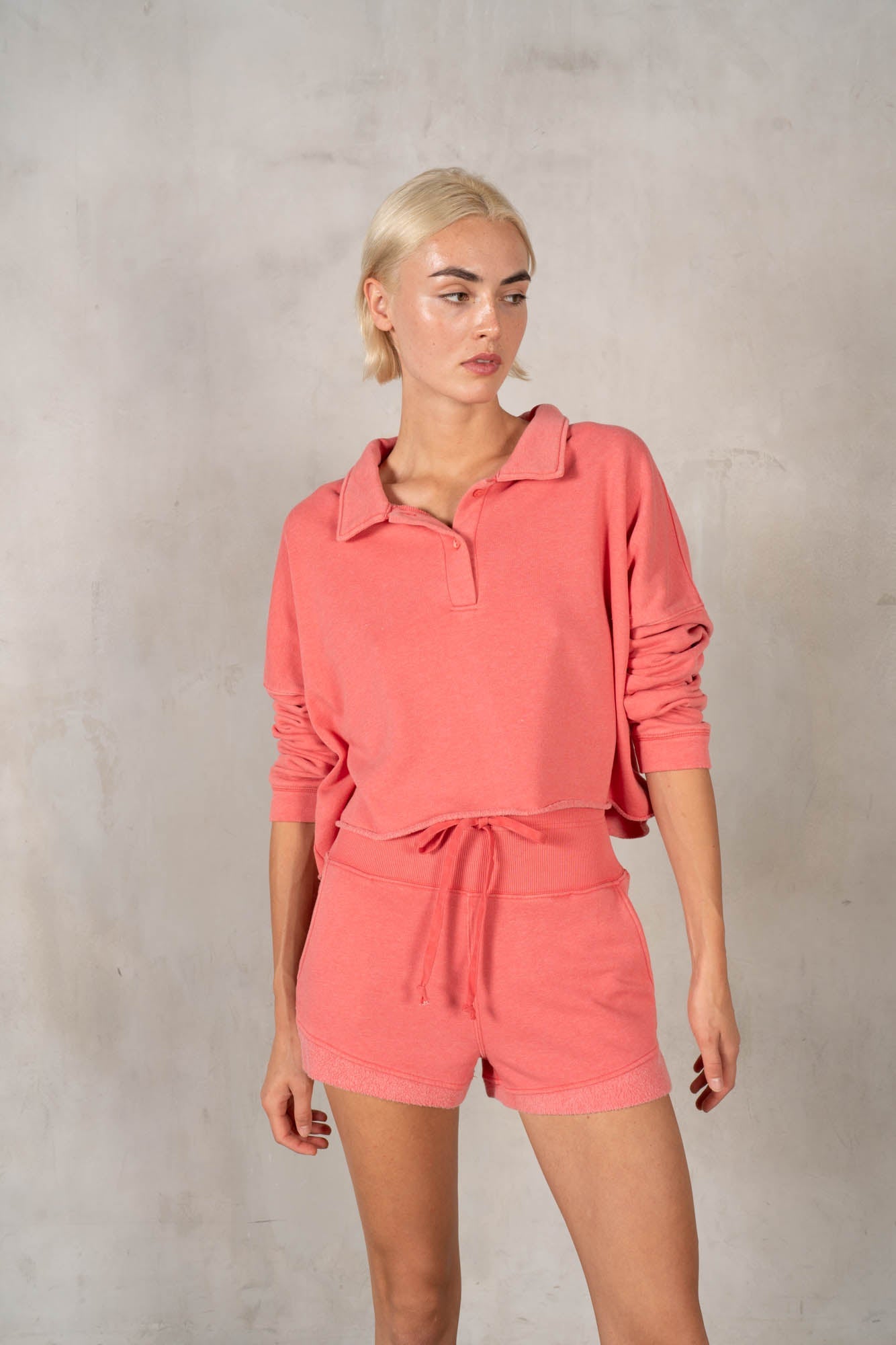 Semi Cropped Henley - Coral Pink