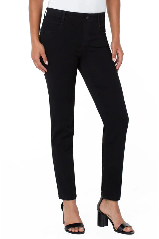 Black pants worn by a person on a white background