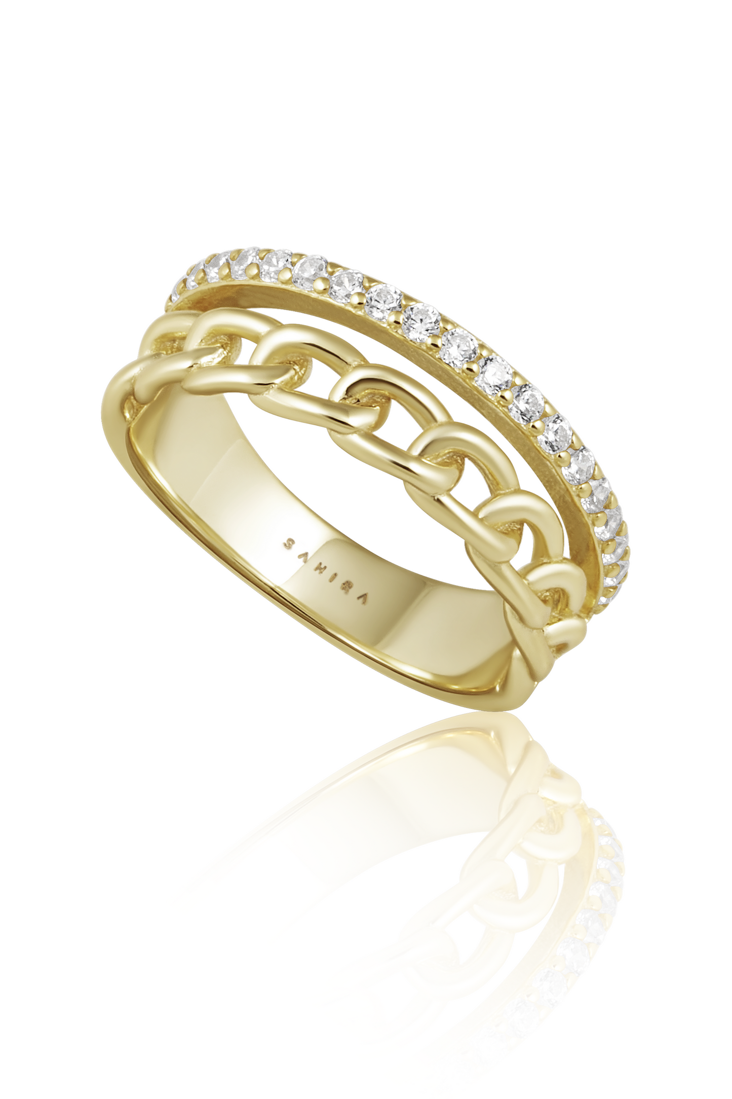 Gold ring with chain design and diamond accents on a white background