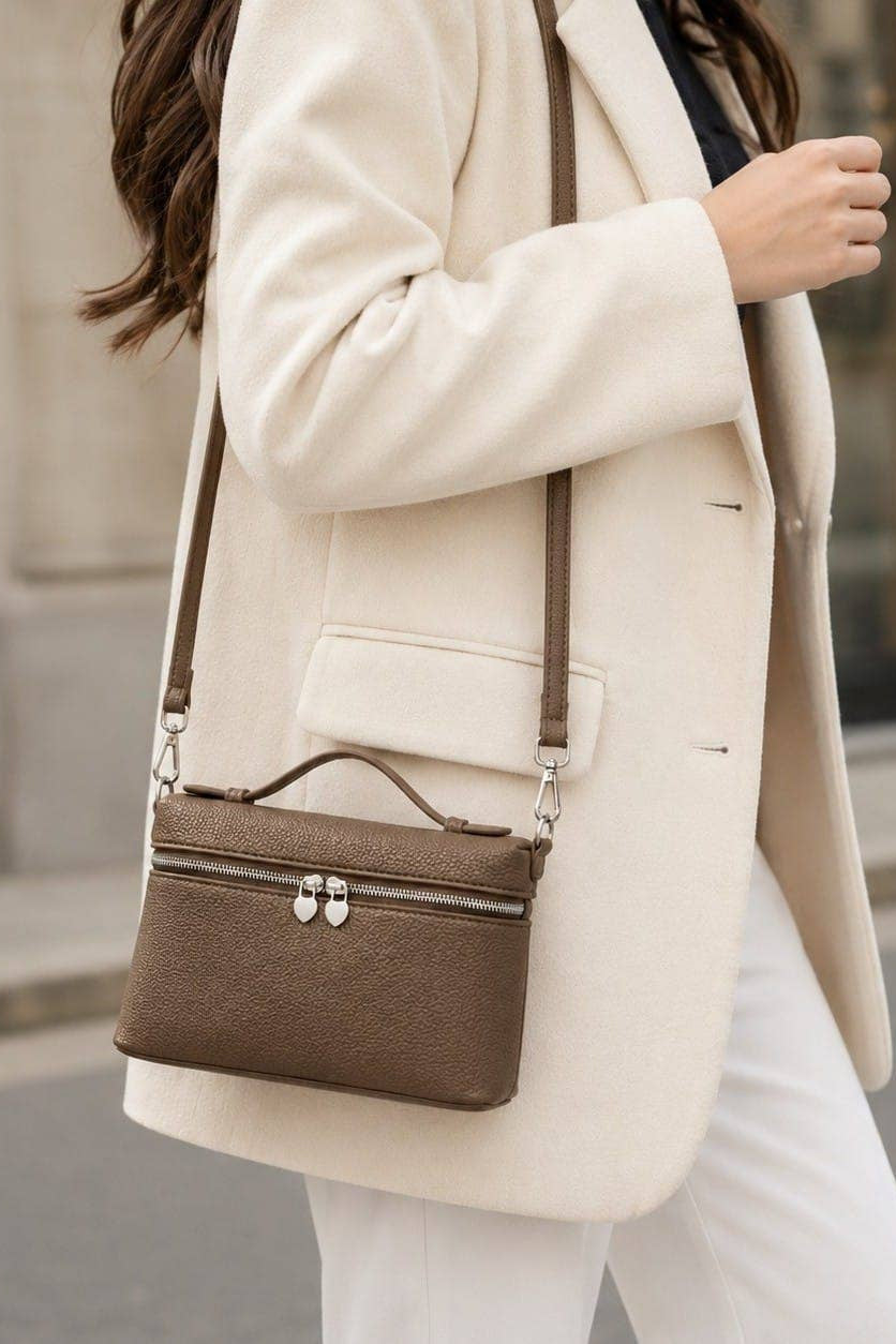 A woman wearing a cream-colored blazer and white pants carries a structured brown leather crossbody handbag with a top handle and silver hardware.
