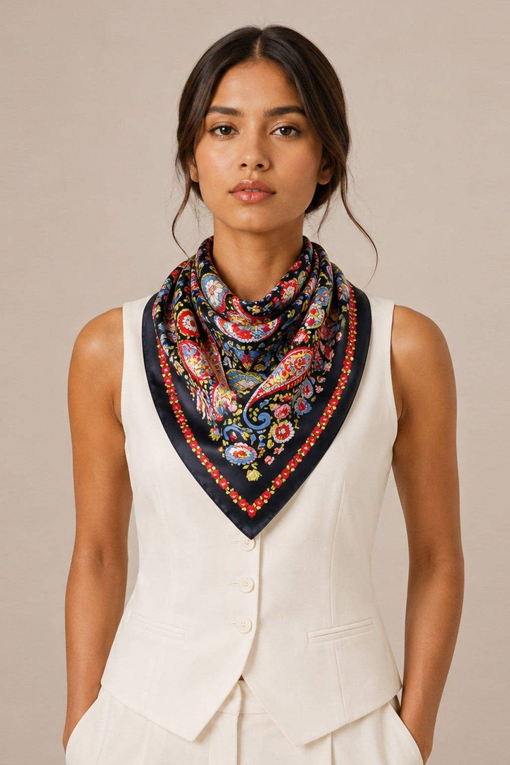 A woman wearing a cream-colored sleeveless vest and matching trousers, styled with a multicolor paisley bandana scarf. The scarf features a navy blue border with red and gold accents and a central multicolor paisley pattern.