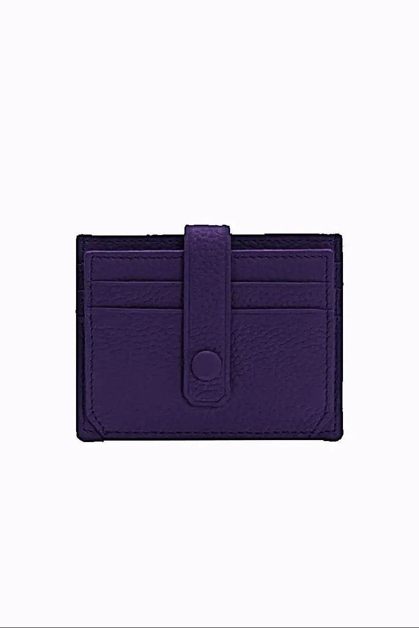 A dark purple textured leather card holder wallet with a vertical strap and snap button closure, shown against a plain white background.