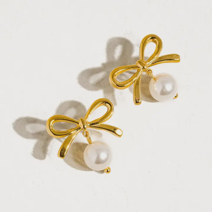 Aleah 18K Gold Non-Tarnish Bow Pearl Earring