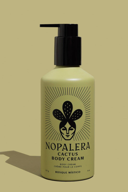 Nopalera cactus body cream bottle on a beige background