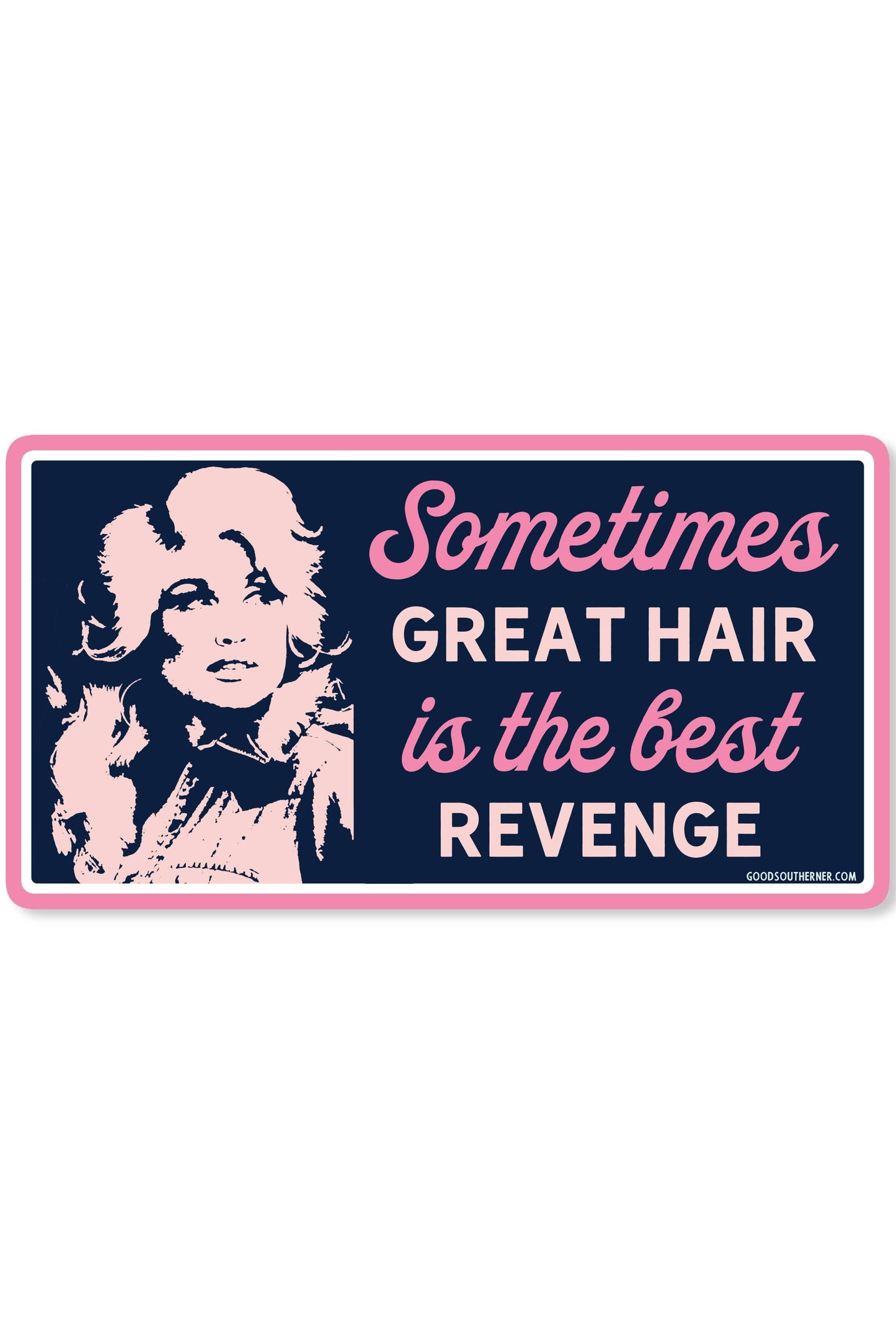 A rectangular sticker with a pink border, featuring a stylized pink-and-white portrait of Marilyn Monroe on the left and the text 'Sometimes GREAT HAIR is the best REVENGE' on a dark navy background.