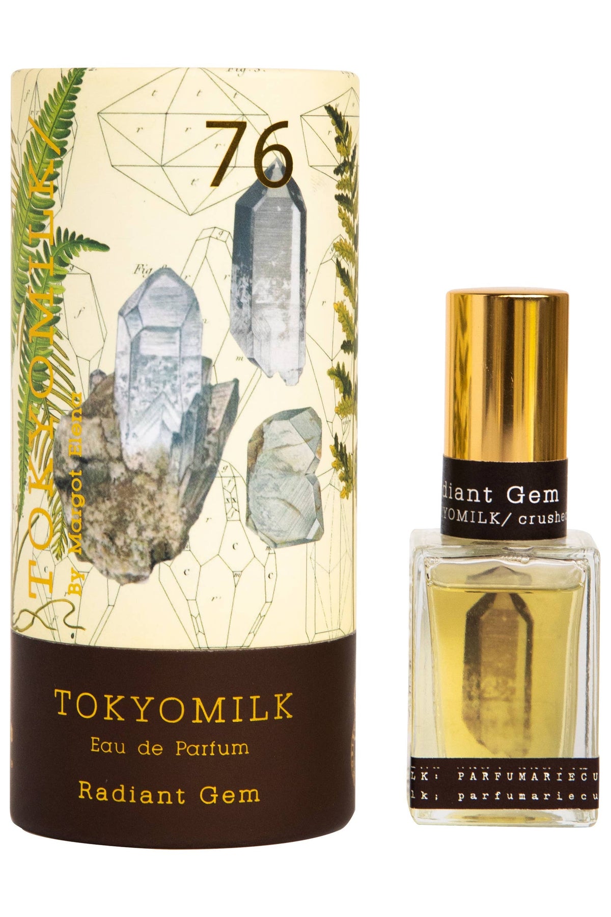 TOKYOMILK Eau de Parfum 'Radiant Gem' with packaging featuring crystals.