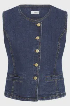 Denim vest with gold buttons on a light gray background