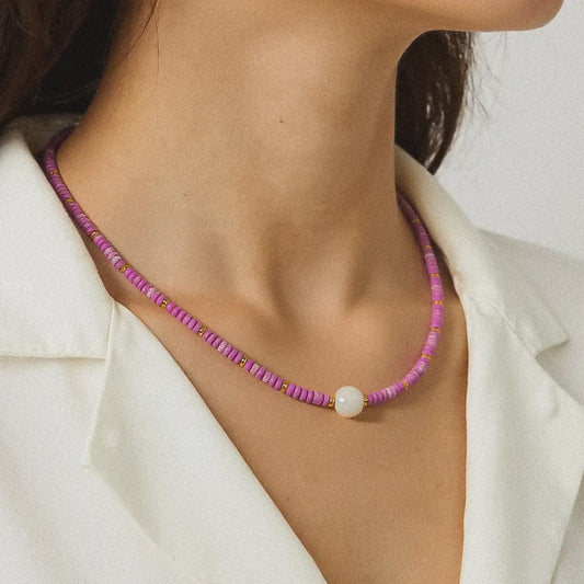 purple boho beaded necklace with center pearl bead