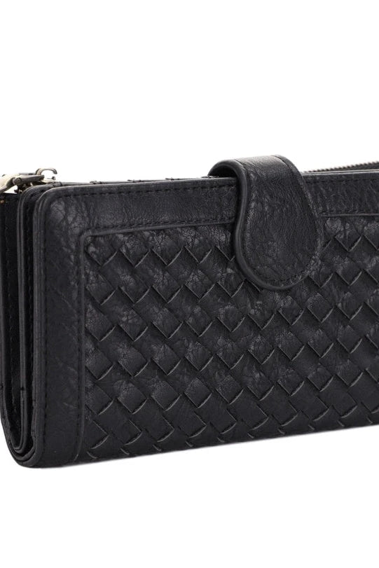 Black woven wallet on a white background