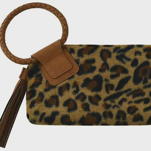 Leopard Faux Fur Wristlet w/ Tassel