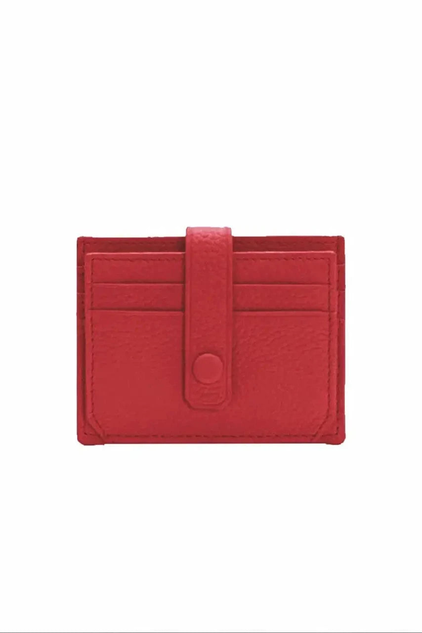 A small red textured leather card holder wallet with a vertical strap and snap button closure, shown against a plain white background.