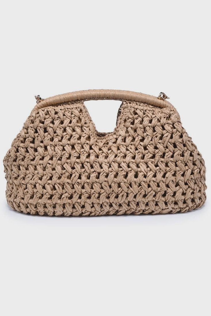 Beige woven handbag on a light gray background