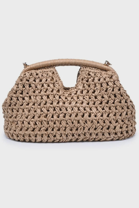 Beige woven handbag on a light gray background