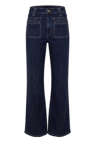 Dark blue high-waisted flare jeans with front patch pockets, shown against a plain white background.