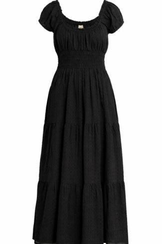 A black midi-length dress with short sleeves, a round neckline, and a gathered skirt, shown against a plain white background.