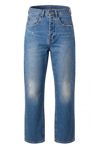 A pair of medium-wash blue denim jeans with a straight-leg fit, featuring faded whiskering on the thighs and subtle distressing on the upper legs, shown against a plain white background.
