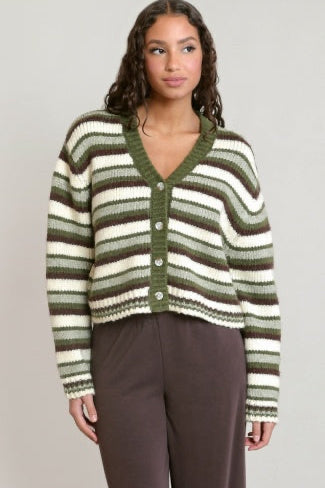 A woman wearing a cropped knit cardigan with horizontal olive green and cream stripes, paired with dark brown pants, against a solid light gray background.