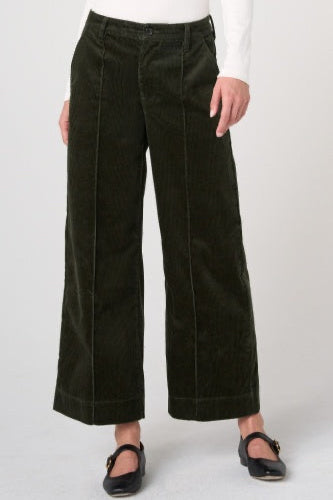 A person wearing dark olive green wide-leg corduroy pants, styled with a white long-sleeve top and black Mary Jane shoes, photographed against a light gray studio background.