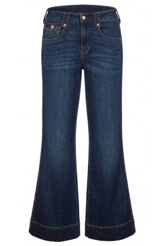 Dark blue denim flare jeans with a straight waistband and wide flared legs, shown against a plain white background.