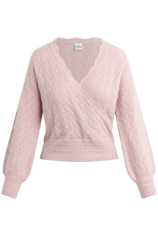 A light pink cable-knit wrap-style sweater with a V-neck and long sleeves, shown against a plain white background.