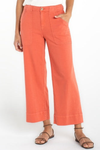 Person wearing bright orange pants on a white background