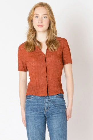 Woman wearing a rust-colored short-sleeve blouse and blue jeans on a white background