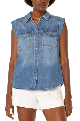 Sleeveless Denim Shirt w/ Pockets