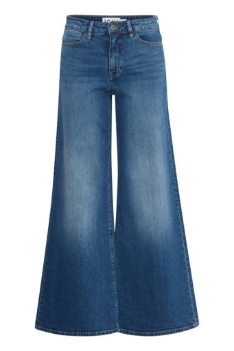 Blue wide-leg jeans on a white background