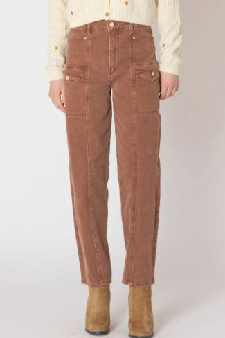 Brown pants worn by a person on a white background