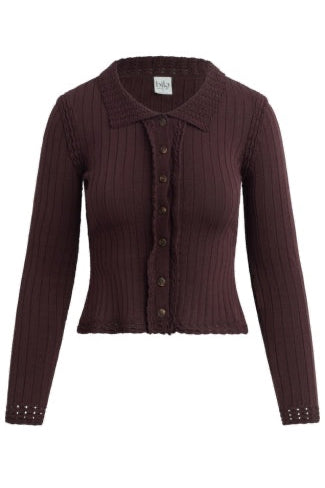 A dark brown ribbed knit cardigan with a pointed collar and button-front closure, shown on a plain white background.