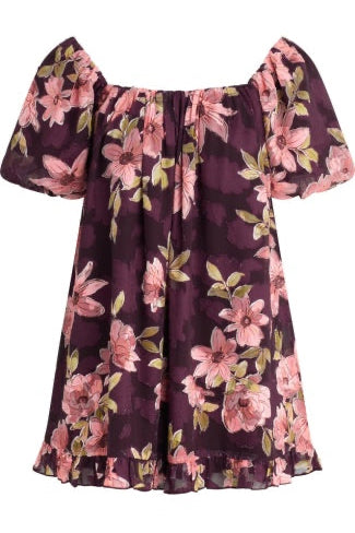 A short puff-sleeve dress with an off-the-shoulder neckline, featuring a dark purple base with a pink and green floral pattern, shown against a plain white background.