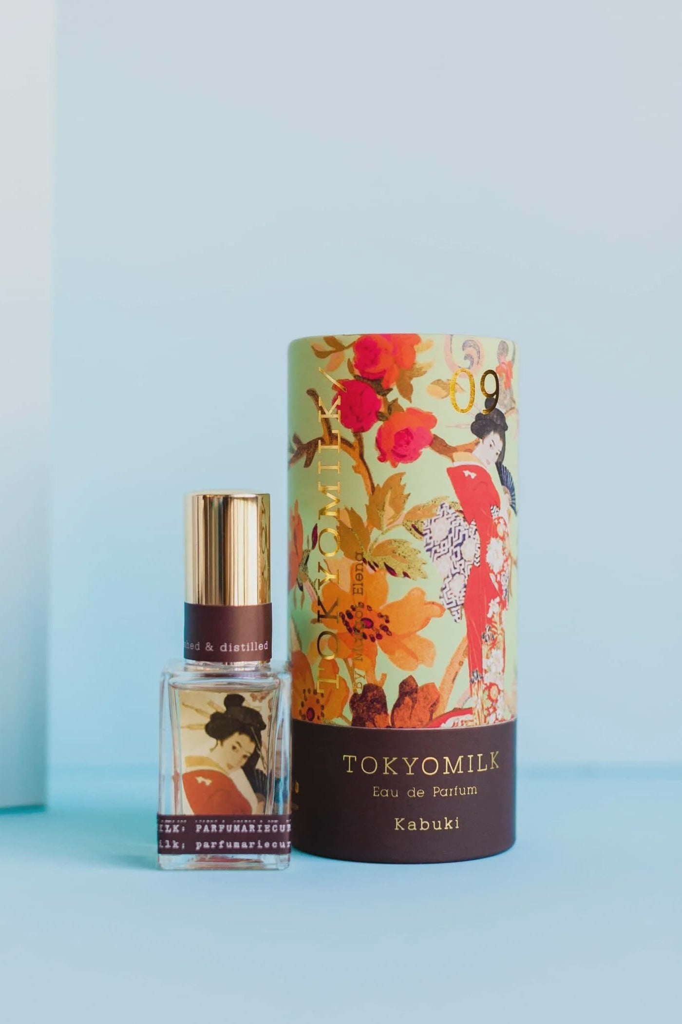 TOKYOMILK perfume bottle and packaging on a light blue background