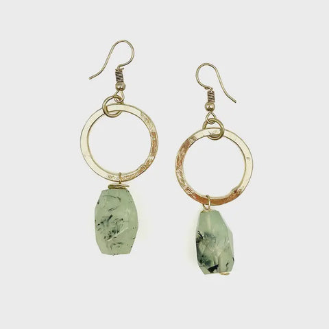 Gold-Plated Long Earrings with Dendritic Prehnite Stones